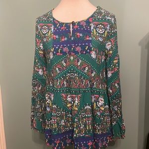 Matilda Jane Women's Medium Evergreen Babydoll Top ~ Floral Boho Mixed Print